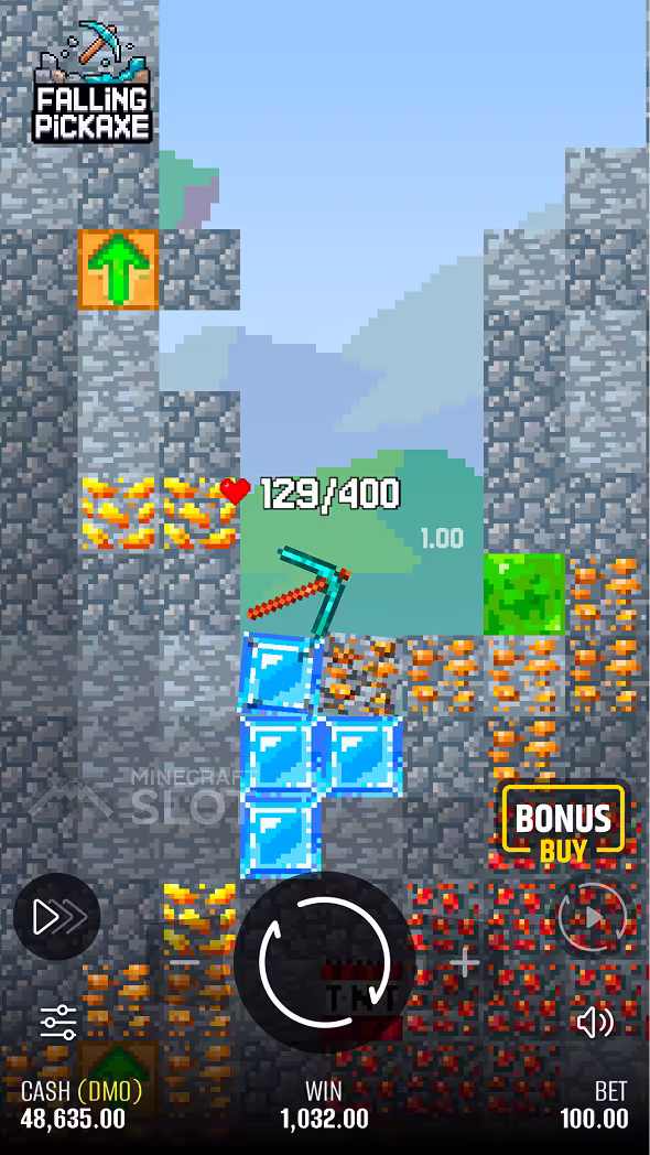 Partida de Falling Pickaxe em um celular com um grande prêmio