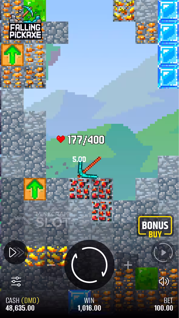 Partida de Falling Pickaxe em um celular quebrando blocos com a picareta de diamante