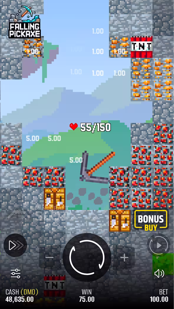 Partida de Falling Pickaxe em um celular com o item da flecha de melhoria ativo