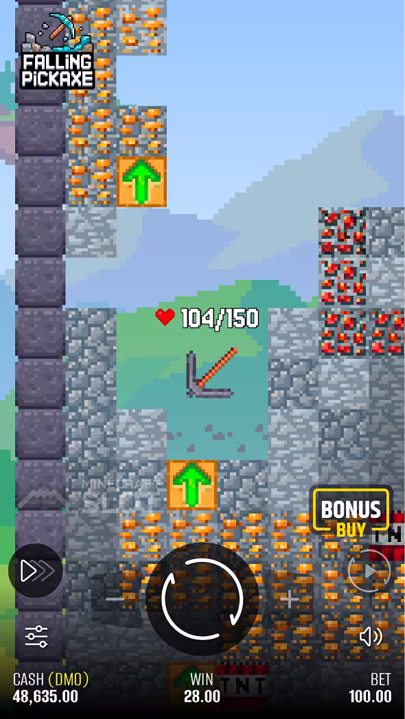 Partida de Falling Pickaxe em um celular cavando através da torre de blocos estilo Minecraft