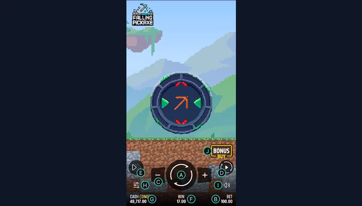 Falling Pickaxe em uma tela de celular com indicações em letras de A a J marcando o botão de aposta, o indicador do valor da aposta, o seletor de valor de aposta, o menu de jogo automático, o controle de velocidade do jogo, o indicador do último ganho, o indicador de saldo, o menu de configurações, o controle de volume e o botão de compra de bônus