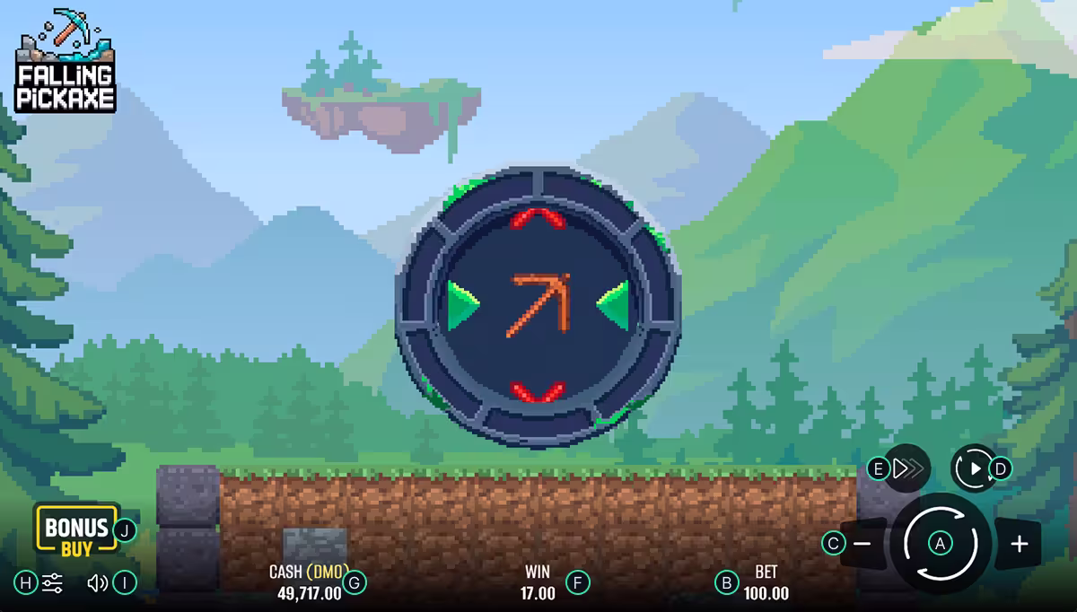 Falling Pickaxe em uma tela de PC com indicações em letras de A a J marcando o botão de aposta, o indicador do valor da aposta, o menu de jogo automático, o controle de velocidade do jogo, o indicador do último ganho, o indicador de saldo, o menu de configurações, o controle de volume e o botão de compra de bônus