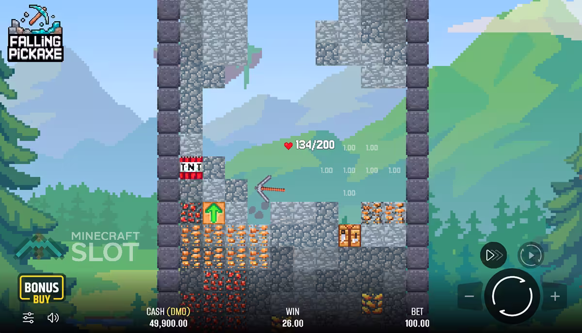 Rodada de Falling Pickaxe com picareta de ferro e melhoria na bancada de trabalho