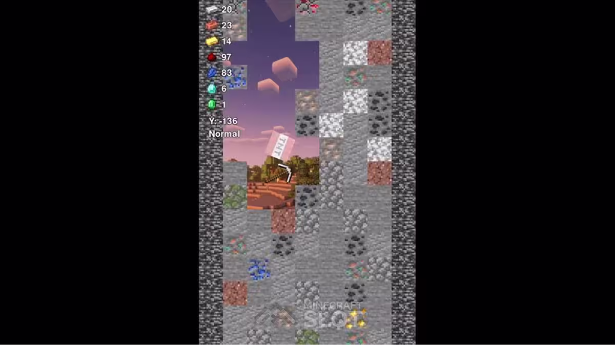 Um jogo de minerador automático estilo Minecraft do TikTok mostrando uma picareta caindo livremente sobre uma pilha de blocos