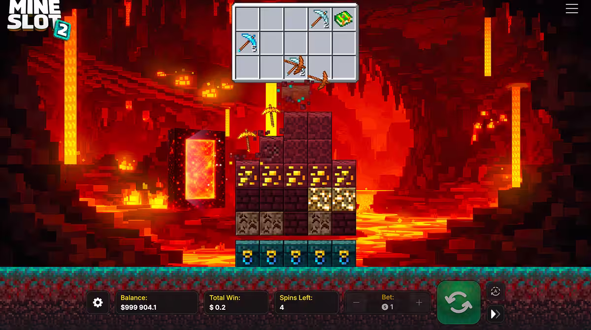 Captura de tela de Mine Slot 2 mostrando o ambiente do mundo do Nether no jogo de bônus de giros grátis