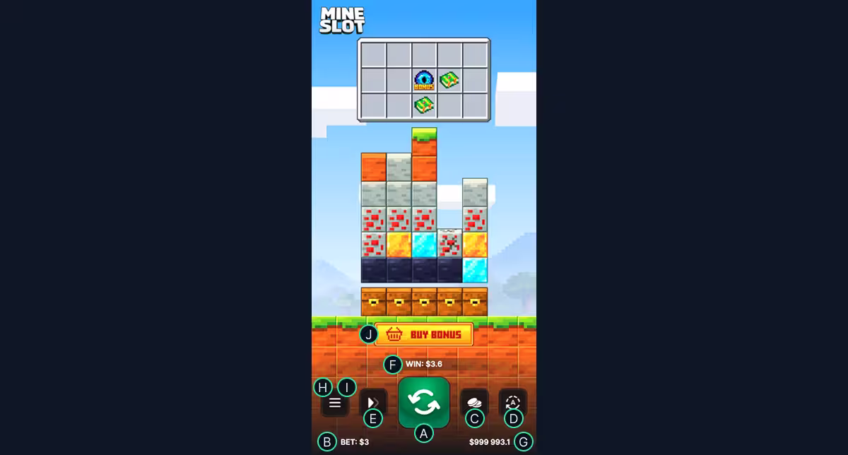 Mine Slot 2 em uma tela de celular com indicações em letras de A a J marcando o botão de aposta, o indicador do valor da aposta, o seletor de valor de aposta, o menu de jogo automático, o controle de velocidade do jogo, o indicador do último ganho, o indicador de saldo, o menu de configurações, o menu do jogo e o botão de compra de bônus