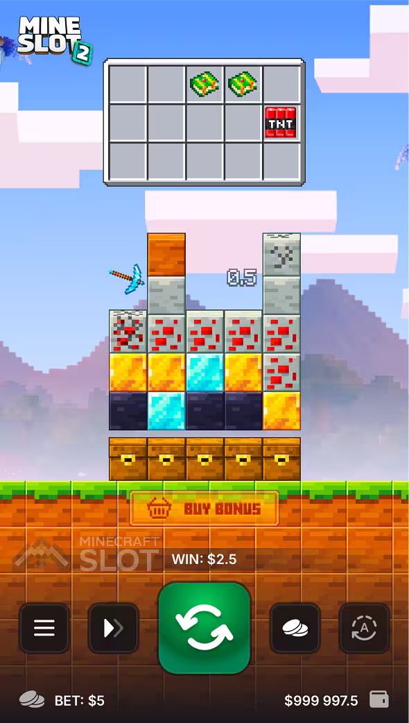 Partida de Mine Slot 2 na tela de um celular mostrando o painel de apostas ao fazer uma aposta