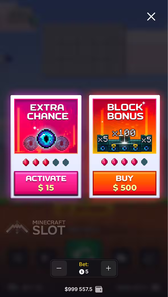 Partida de Mine Slot 2 na tela de um celular mostrando uma prévia do menu de compra de bônus