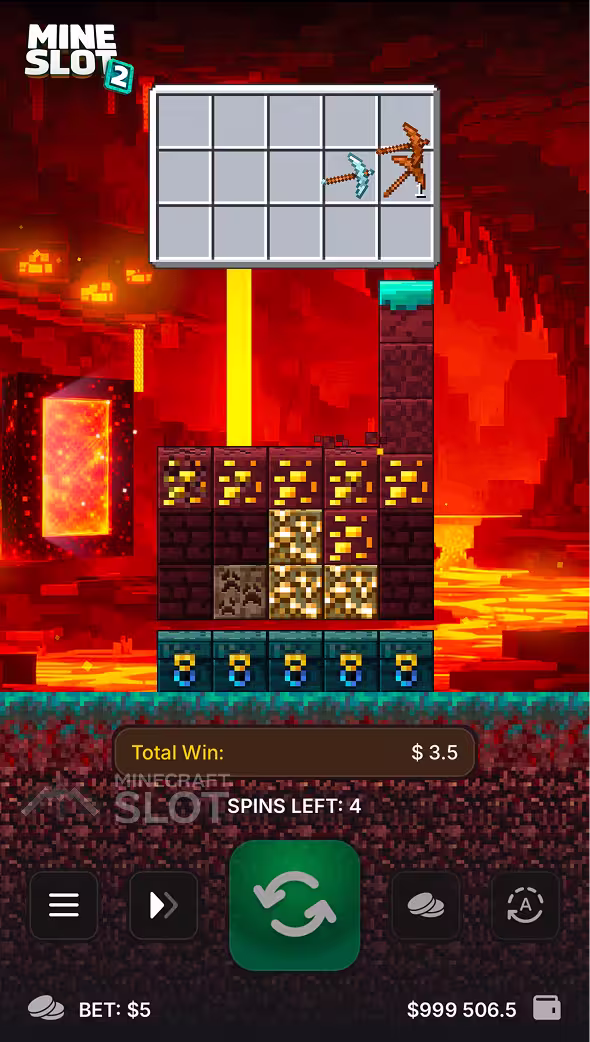 Partida de Mine Slot 2 na tela de um celular jogando o Block Bonus de giros grátis no mundo do Nether