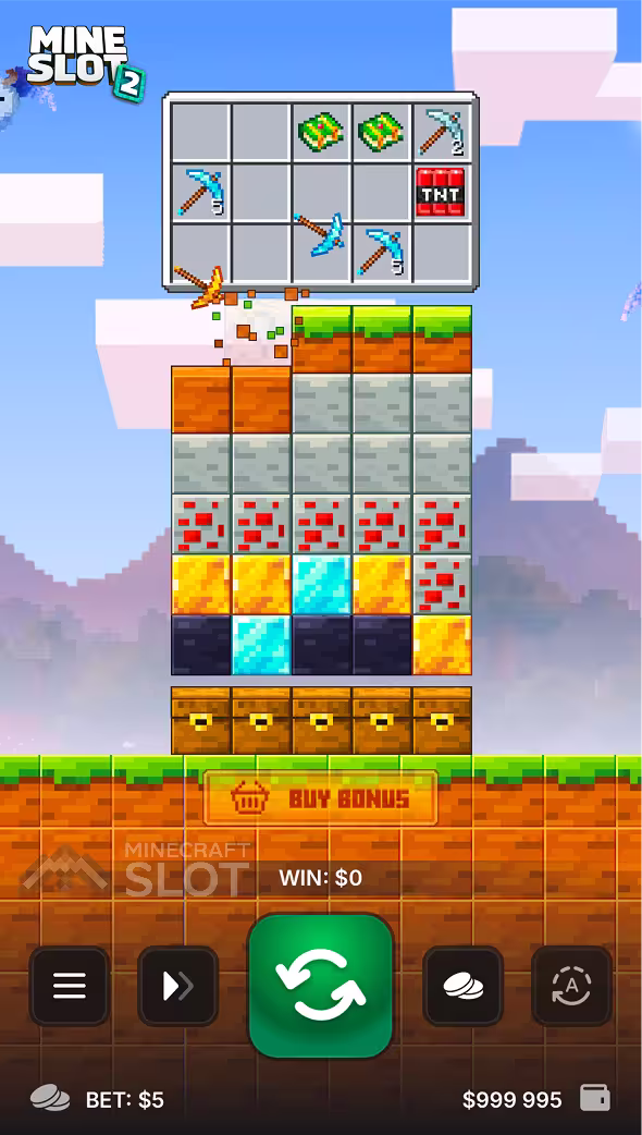 Partida de Mine Slot 2 na tela de um celular mostrando picaretas caindo sobre uma pilha de blocos