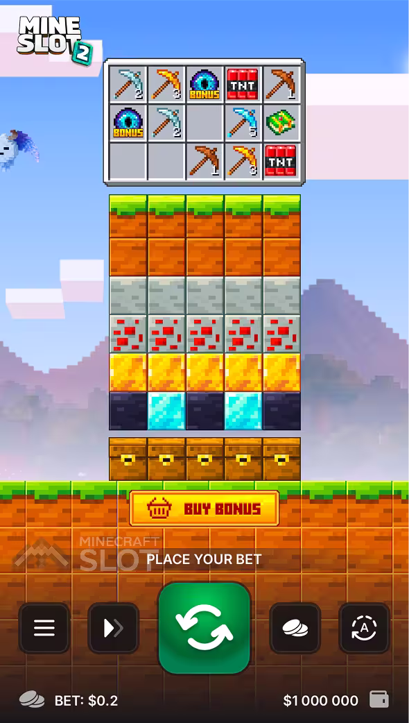 Partida de Mine Slot 2 na tela de um celular mostrando a grade de blocos do jogo base