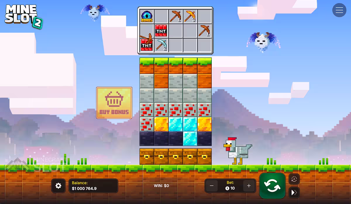 Partida de Mine Slot 2 em uma tela ampla de PC mostrando o jogo base com picaretas caindo sobre a pilha de blocos