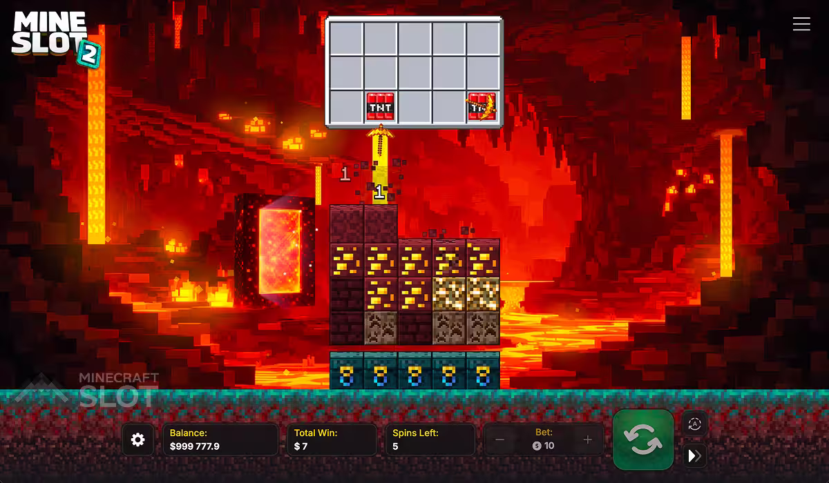 Partida de Mine Slot 2 em uma tela ampla de PC jogando o Block Bonus de giros grátis no mundo do Nether