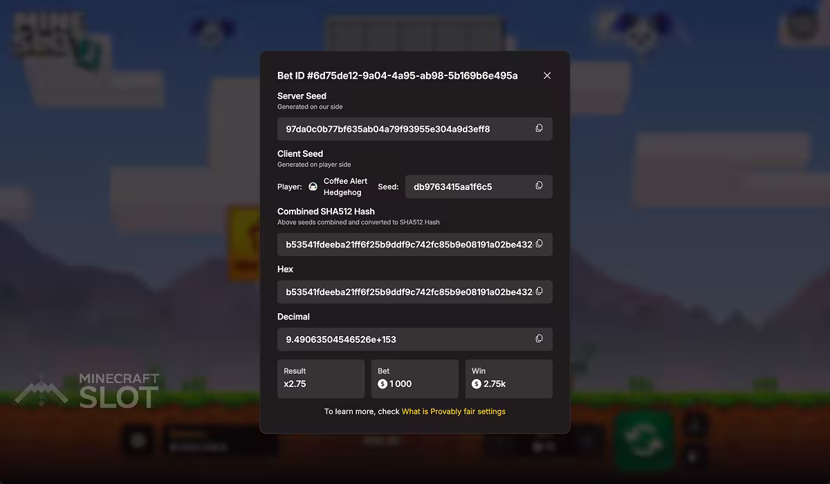 Partida de Mine Slot 2 em uma tela ampla de PC mostrando as configurações Provably Fair de uma rodada vencedora