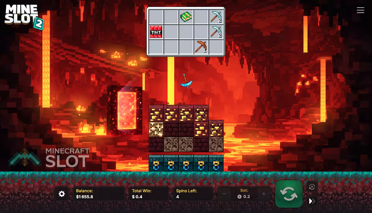 Jogo de bônus de Mine Slot 2 mostrando símbolos de TNT e picareta acima de uma grade de blocos