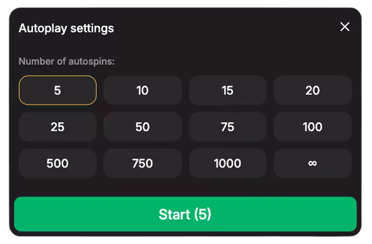 Menu de jogo automático de Mine Slot com as opções de configuração do número de giros