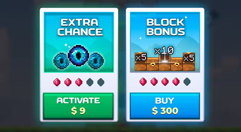 Menu de compra de bônus de Mine Slot com as duas opções, Extra Chance e Bonus Block