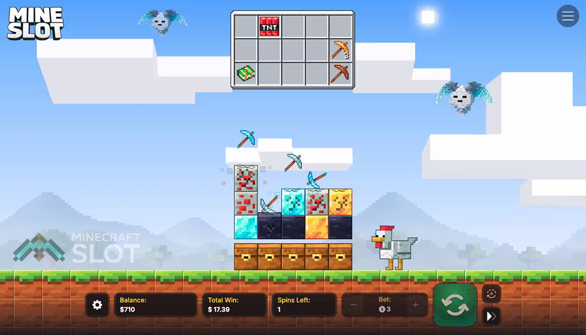 Jogo base de Mine Slot quebrando blocos de redstone e ouro