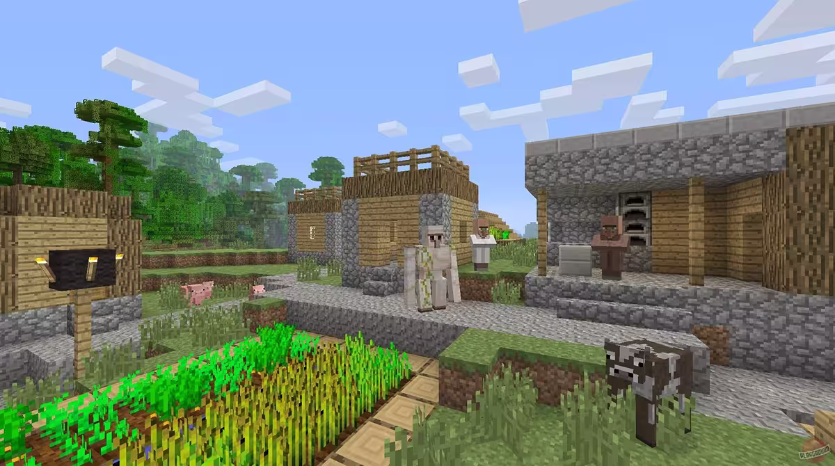 Captura de tela de Minecraft com blocos de terra e pedra, além de uma vaca e árvores