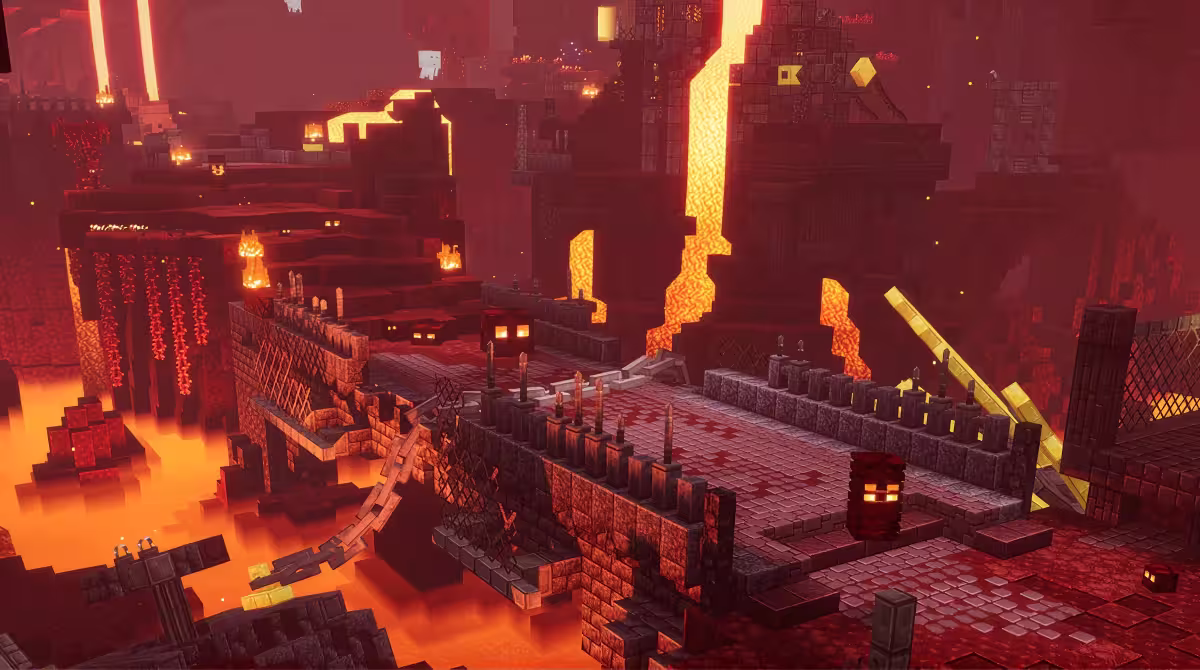 Captura de tela de Minecraft mostrando uma vista da paisagem do mundo do Nether cheio de lava
