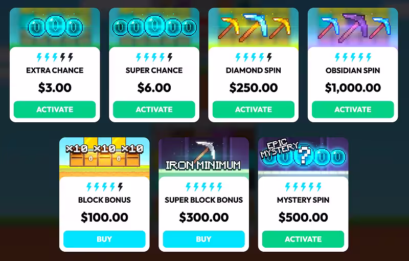 Menu de compra de bônus de Minedrop 2 mostrando as sete opções de recurso disponíveis e seus custos