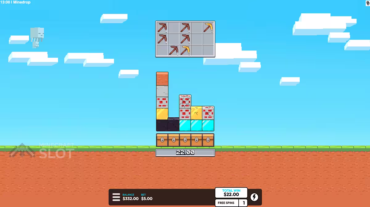 Minedrop em uma tela ampla de PC jogando a rodada de giros grátis do Block Bonus