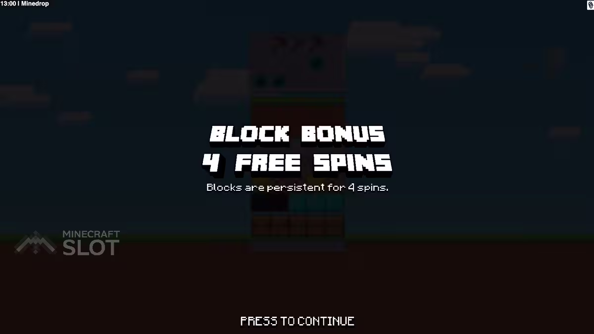Partida de Minedrop em uma tela ampla de PC com os quatro giros grátis concedidos pelo recurso Block Bonus